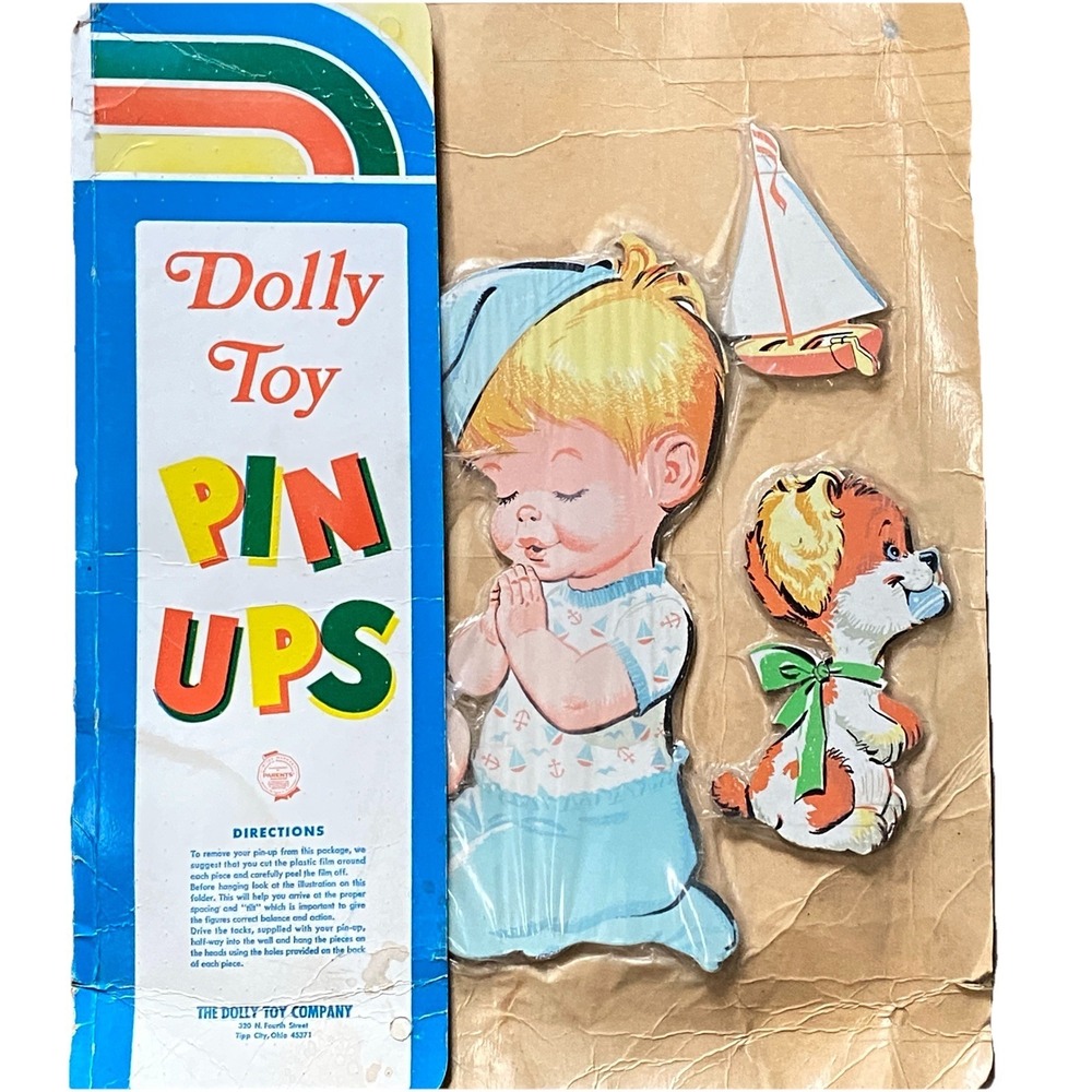 Vtg 50s Dolly Toy Co. Girl & Boy Praying w/ Dog Wall Decor Hanging Set NOS - Picture 2 of 9
